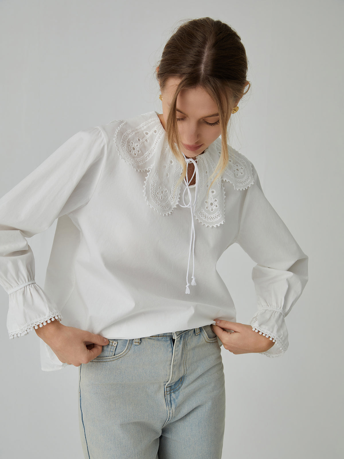 Cotton Lace Trim Tie-Front Shirt