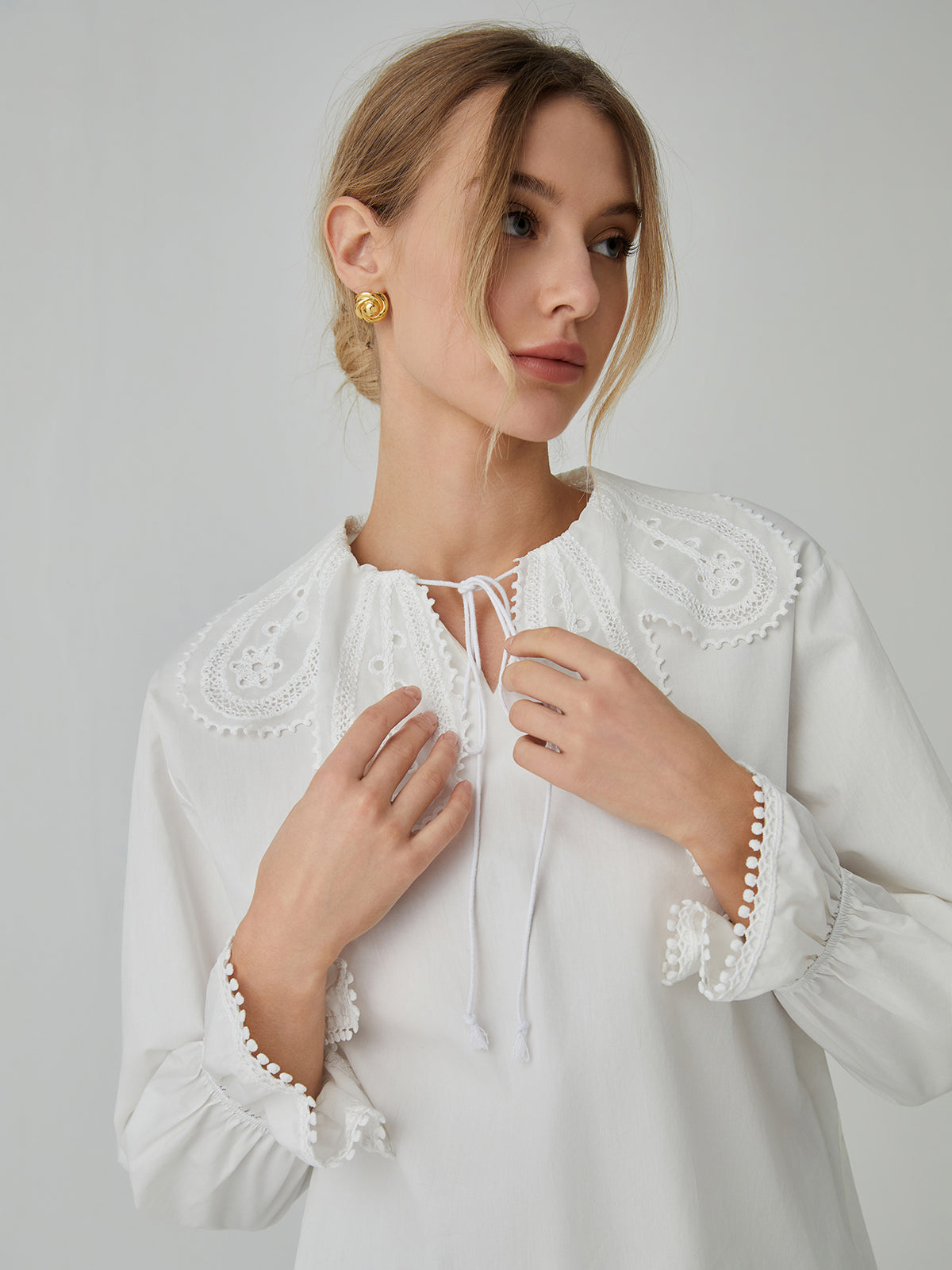 Cotton Lace Trim Tie-Front Shirt