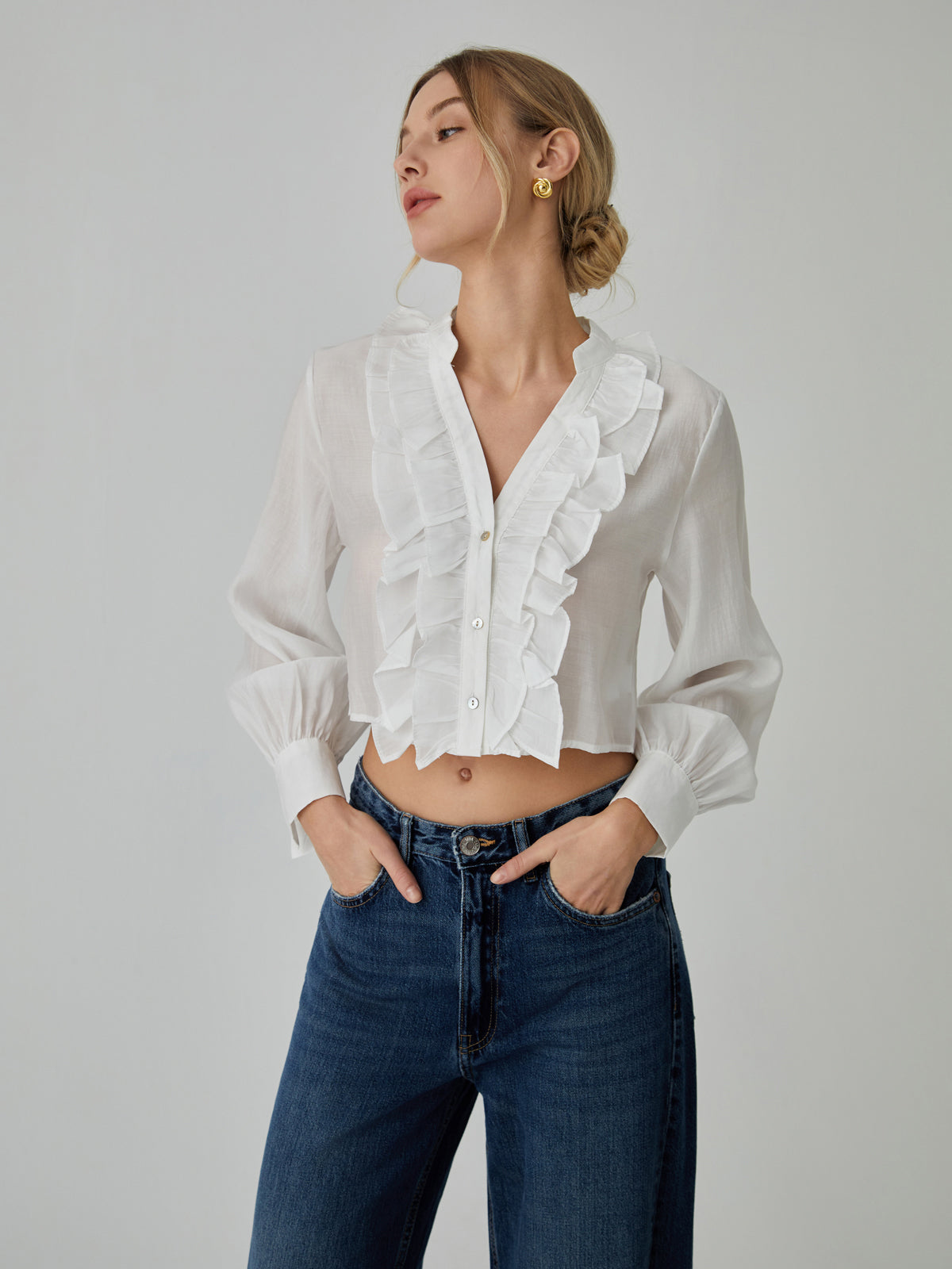 Ruffle Bishop Sleeve Blouse