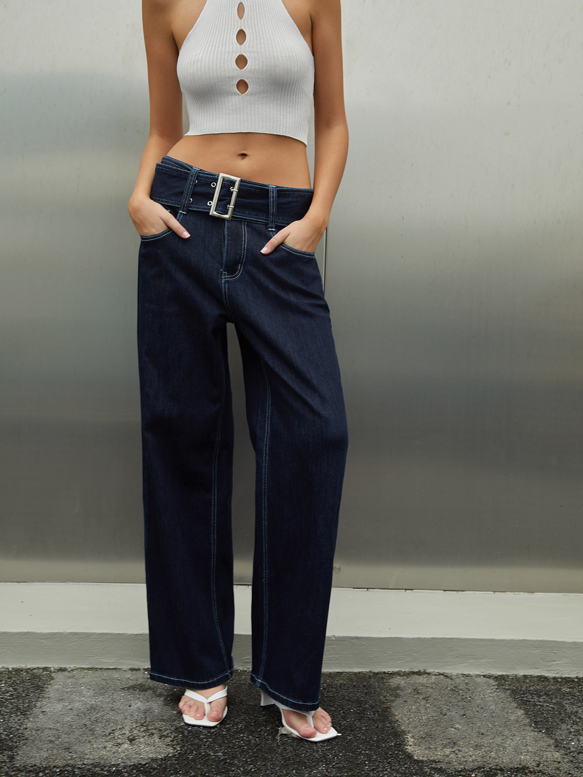 Casual Straight Leg Jeans With Belt