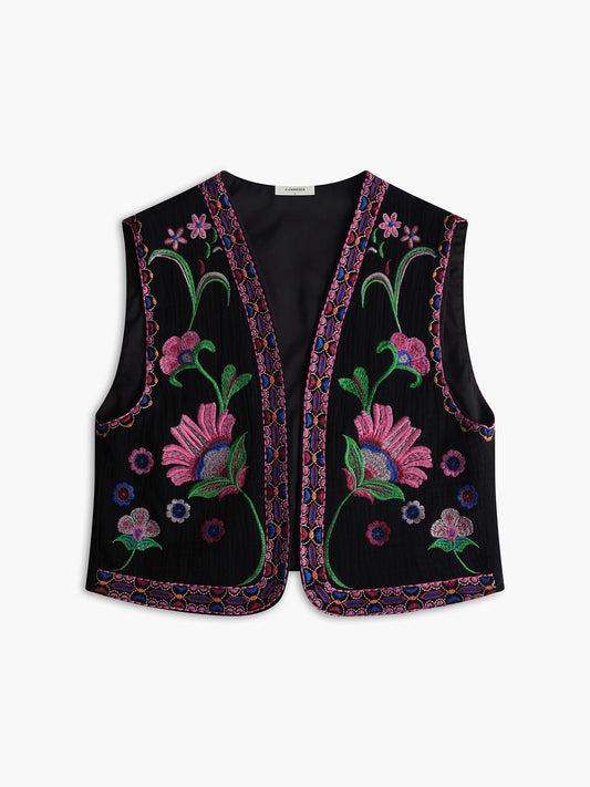 Floral Embroidery Open Front Vest