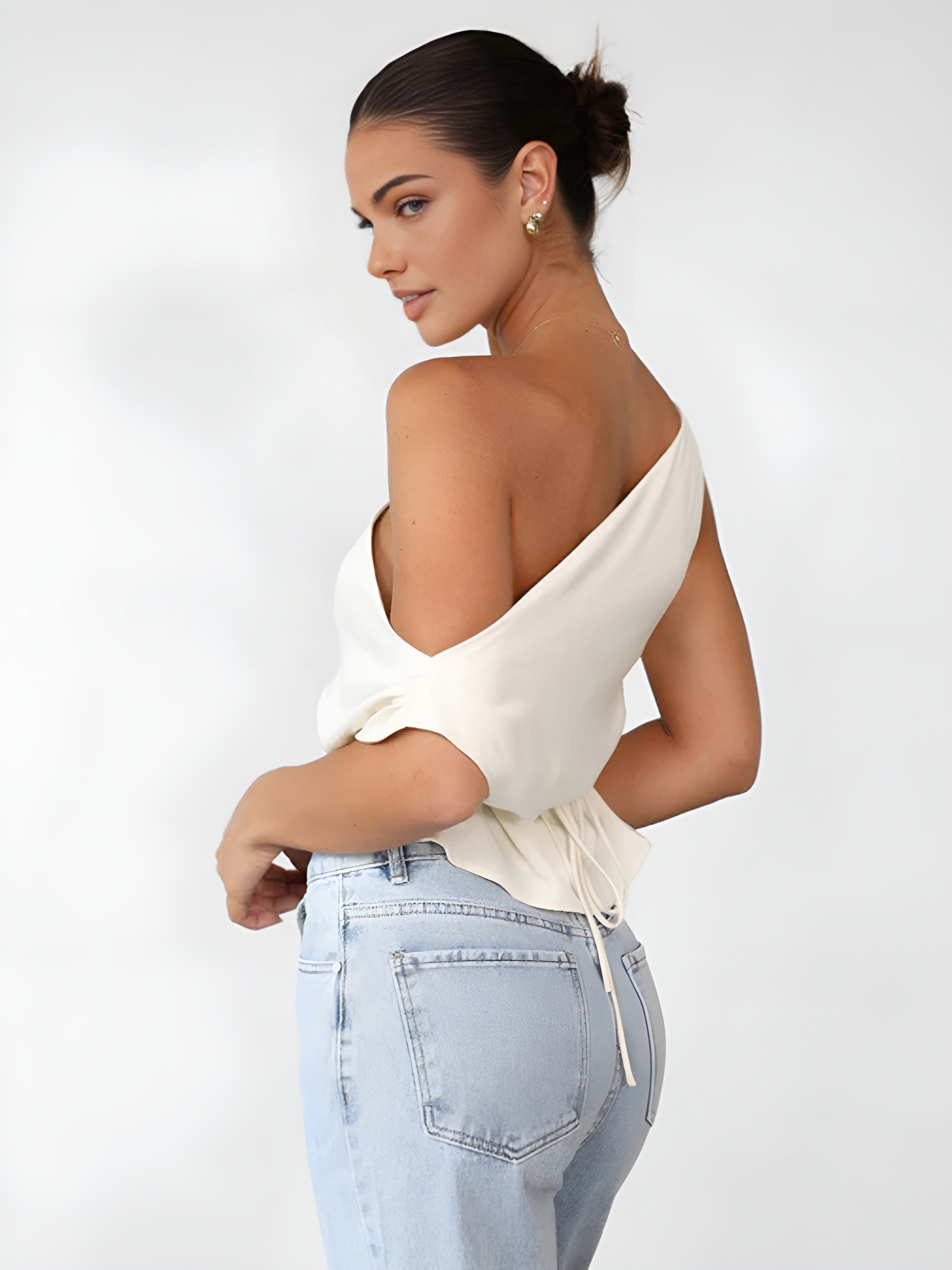 One Shoulder Off Knotted Blouse