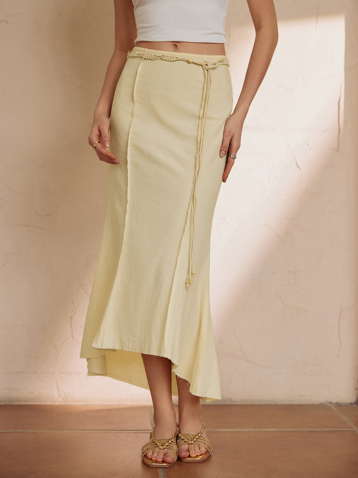 Pure Cotton Solid Belted Long Skirt