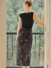 Vintage Rosette Garden Split Maxi Skirt