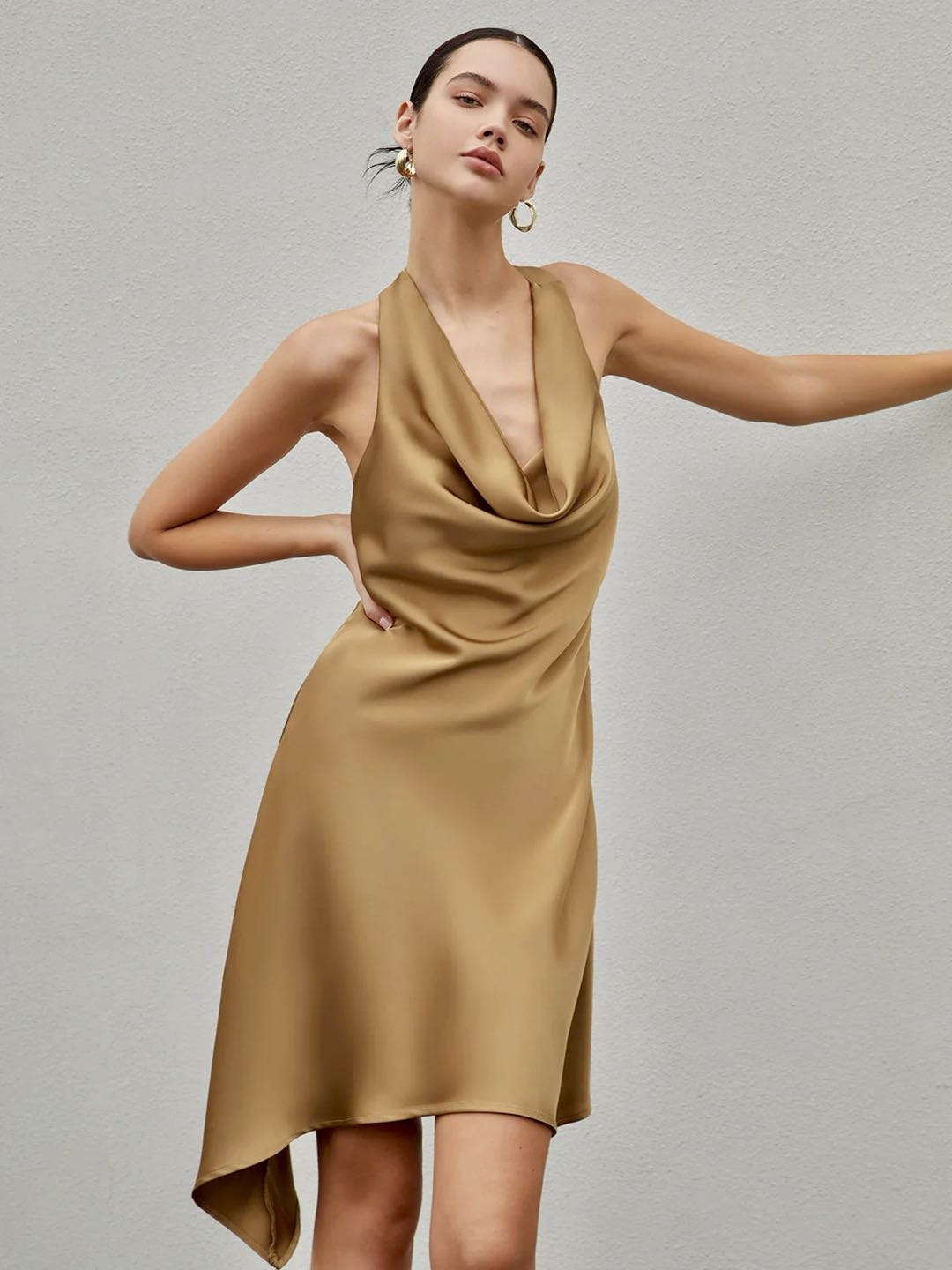 Luxurious Satin Cowl-Neck Backless Short Dress