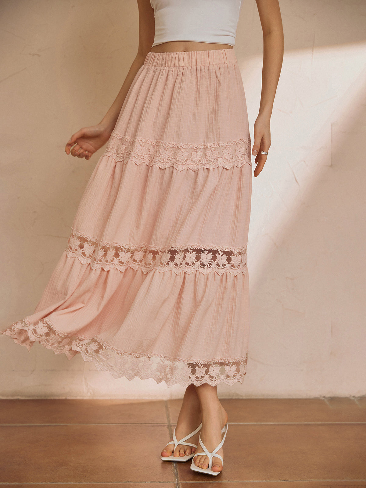 Cotton Blends Lace Trim Maxi Skirt