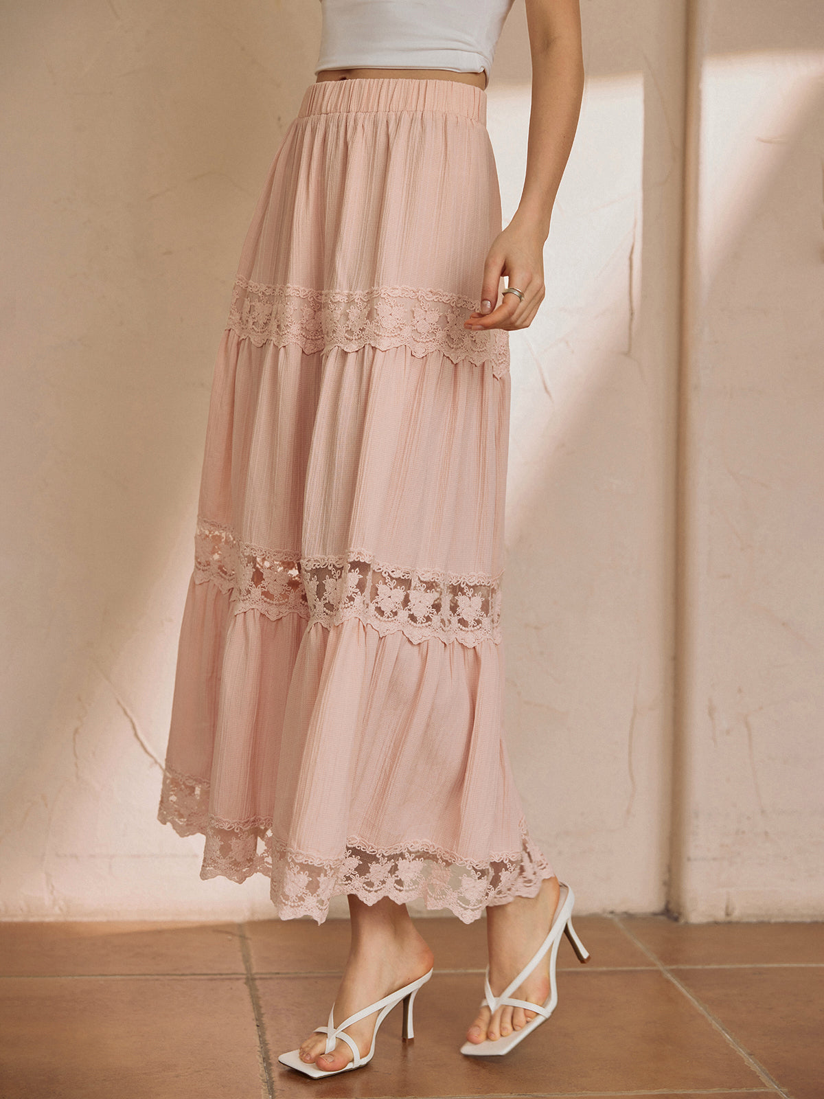 Cotton Blends Lace Trim Maxi Skirt