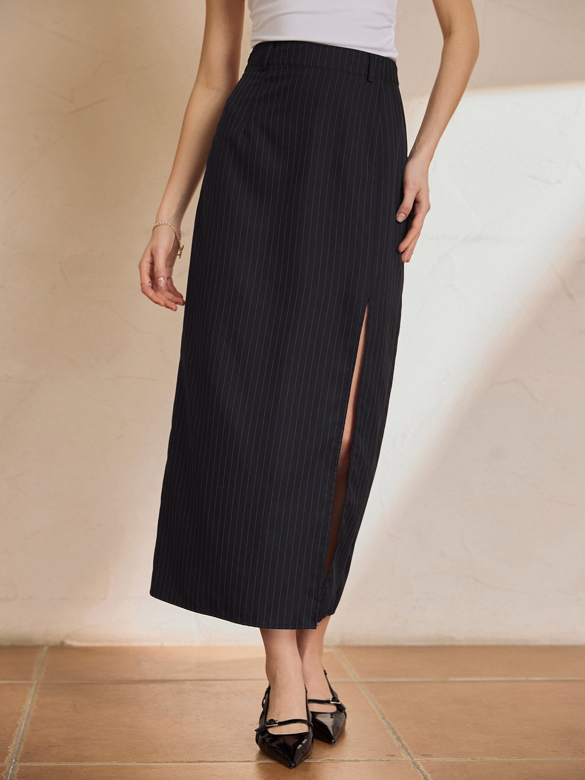 Solid Stripe Split Maxi Skirt