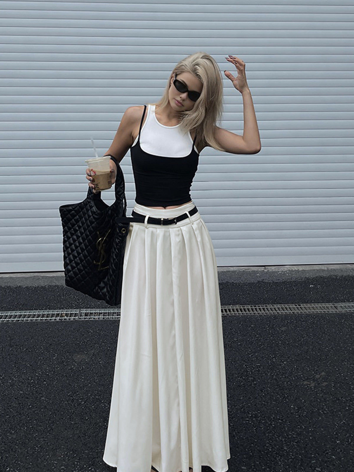 Belted Pleated Long Skirt