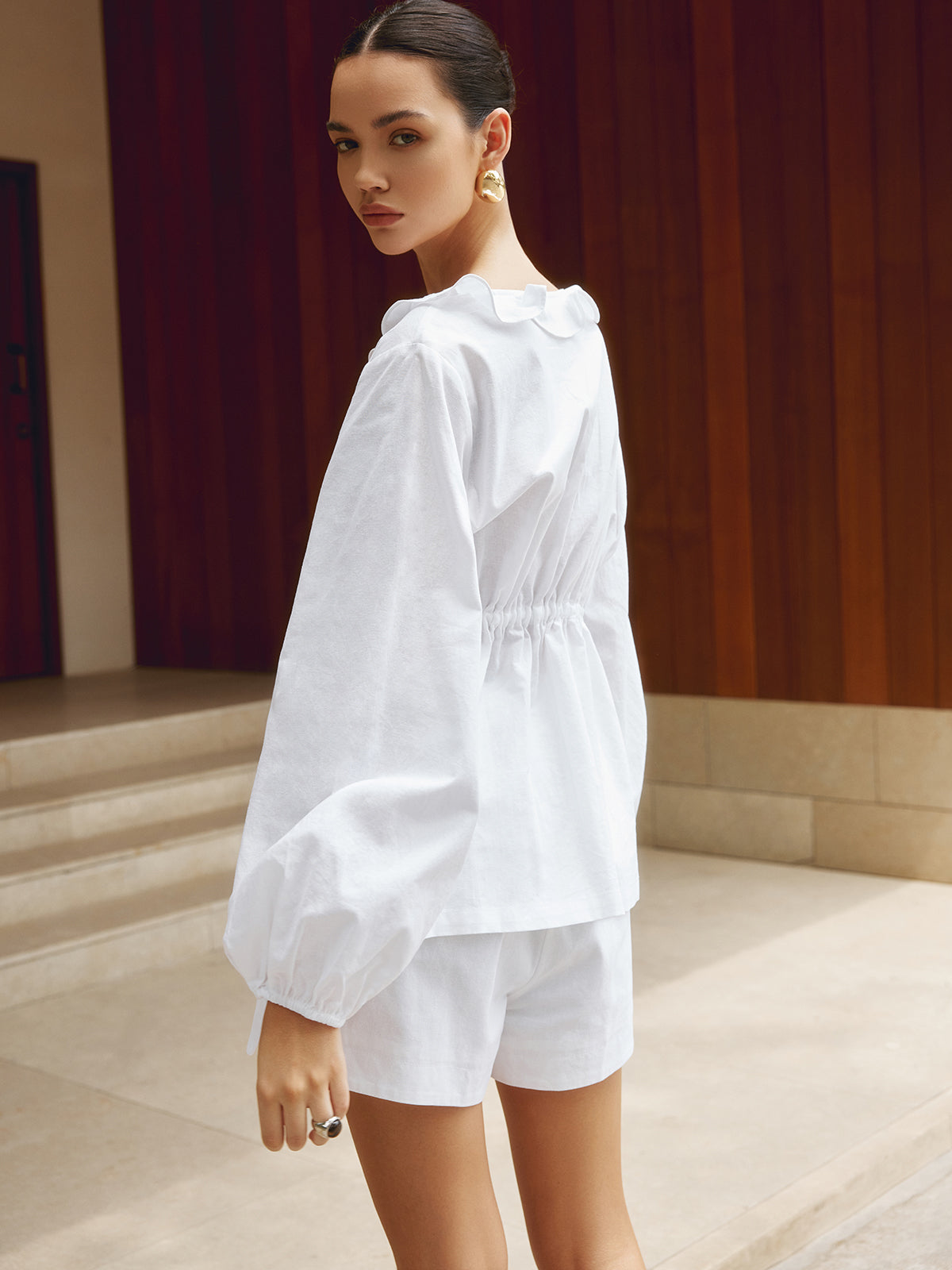 Cotton & Linen Lettuce Trim Drawstring Shorts Set