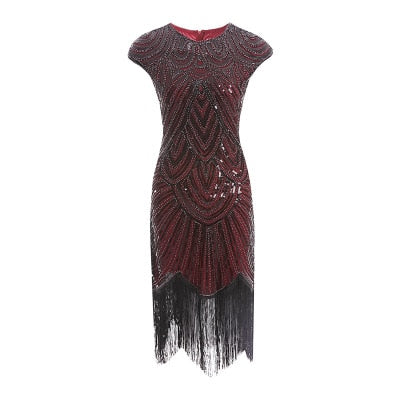 Flapper Great Gatsby Dress O-Neck Cap Sleeve Sequin Fringe Party Midi Dress