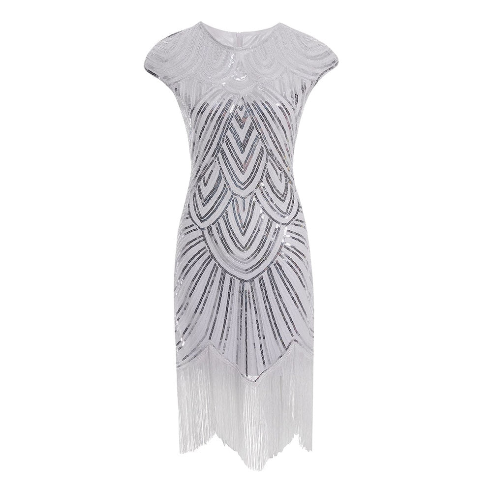 Flapper Great Gatsby Dress O-Neck Cap Sleeve Sequin Fringe Party Midi Dress