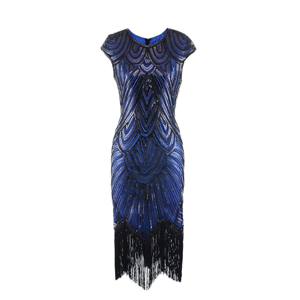 Flapper Great Gatsby Dress O-Neck Cap Sleeve Sequin Fringe Party Midi Dress
