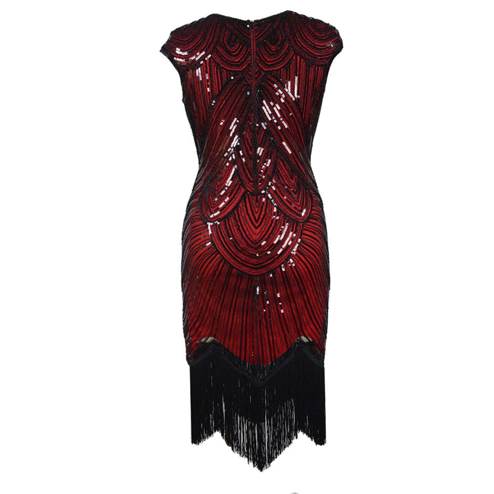 Flapper Great Gatsby Dress O-Neck Cap Sleeve Sequin Fringe Party Midi Dress