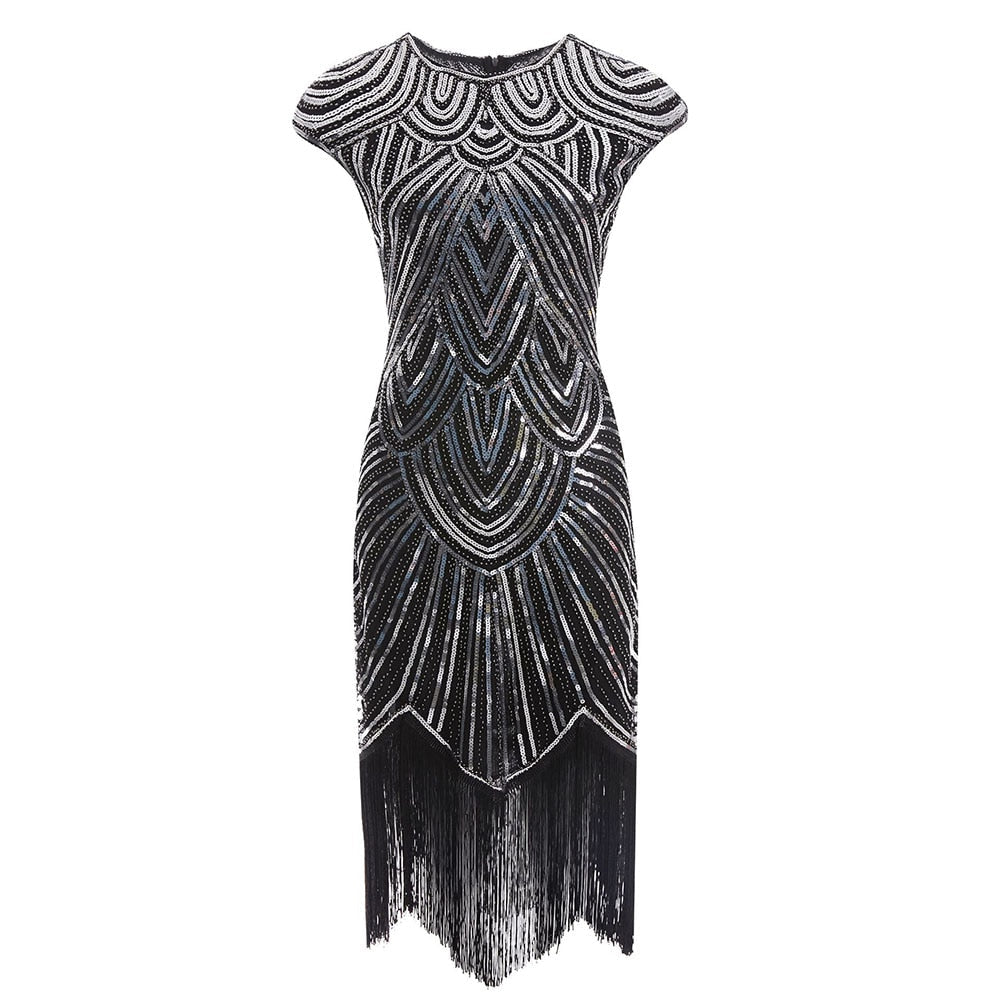 Flapper Great Gatsby Dress O-Neck Cap Sleeve Sequin Fringe Party Midi Dress