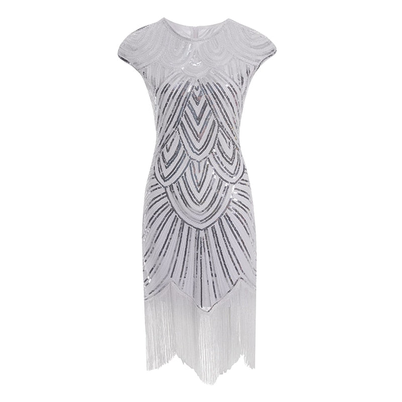 Flapper Great Gatsby Dress O-Neck Cap Sleeve Sequin Fringe Party Midi Dress