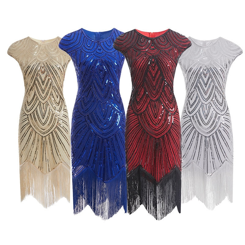 Flapper Great Gatsby Dress O-Neck Cap Sleeve Sequin Fringe Party Midi Dress