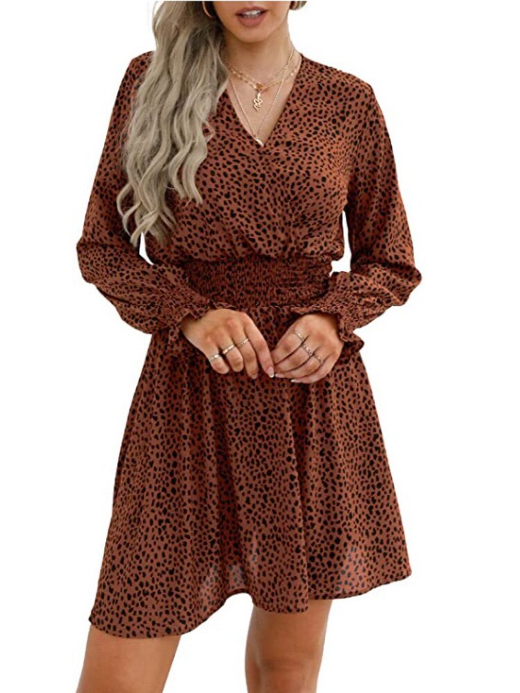 Fashion V-neck Printing Elastic Waist Pullover A-line Dress