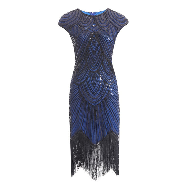 Flapper Great Gatsby Dress O-Neck Cap Sleeve Sequin Fringe Party Midi Dress