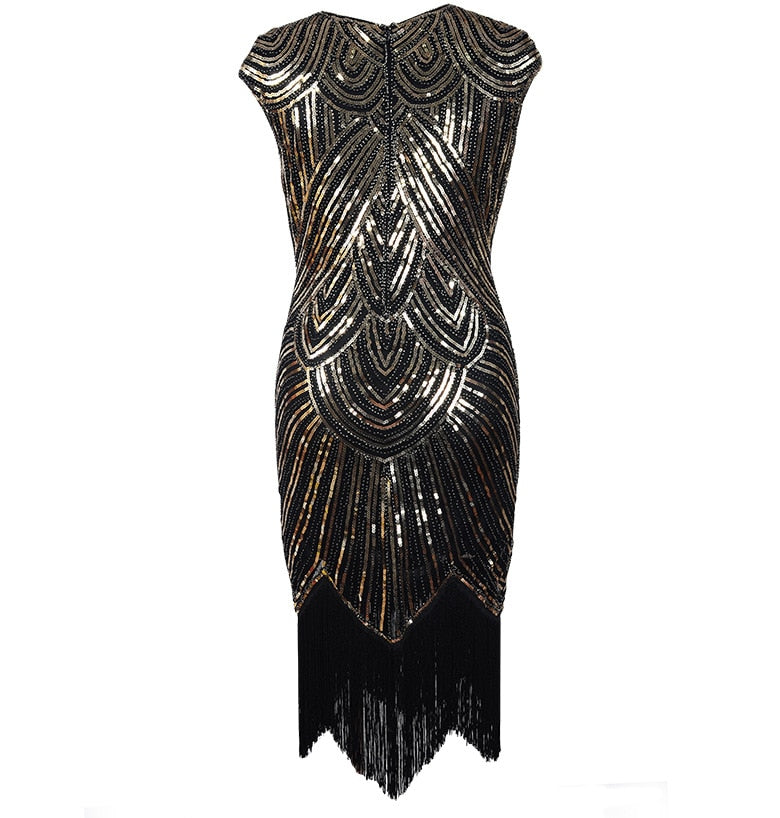 Flapper Great Gatsby Dress O-Neck Cap Sleeve Sequin Fringe Party Midi Dress