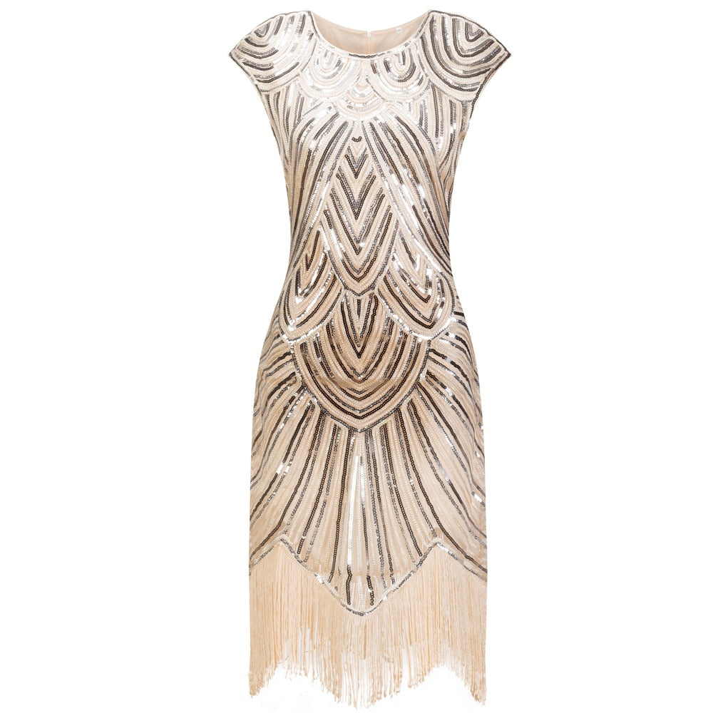 Flapper Great Gatsby Dress O-Neck Cap Sleeve Sequin Fringe Party Midi Dress