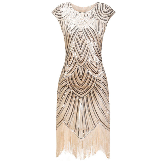 Flapper Great Gatsby Dress O-Neck Cap Sleeve Sequin Fringe Party Midi Dress