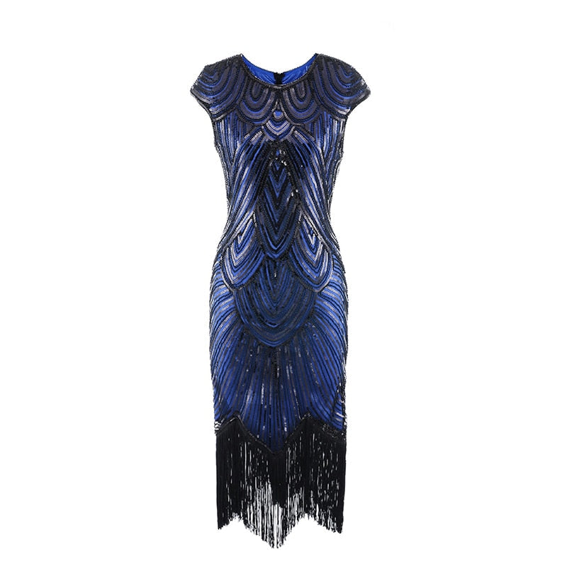 Flapper Great Gatsby Dress O-Neck Cap Sleeve Sequin Fringe Party Midi Dress