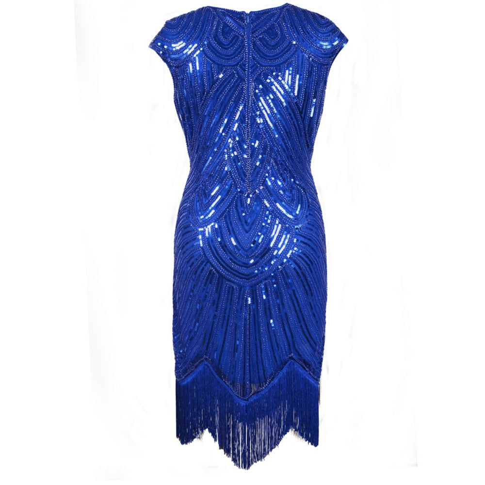 Flapper Great Gatsby Dress O-Neck Cap Sleeve Sequin Fringe Party Midi Dress