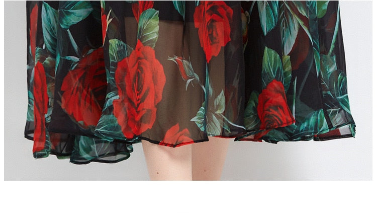 Spring Summer Holiday Rose Flower Dress Women Bow Collar Zipper Chiffon Floral Print Long Pleated Vacation Beach Vestidos