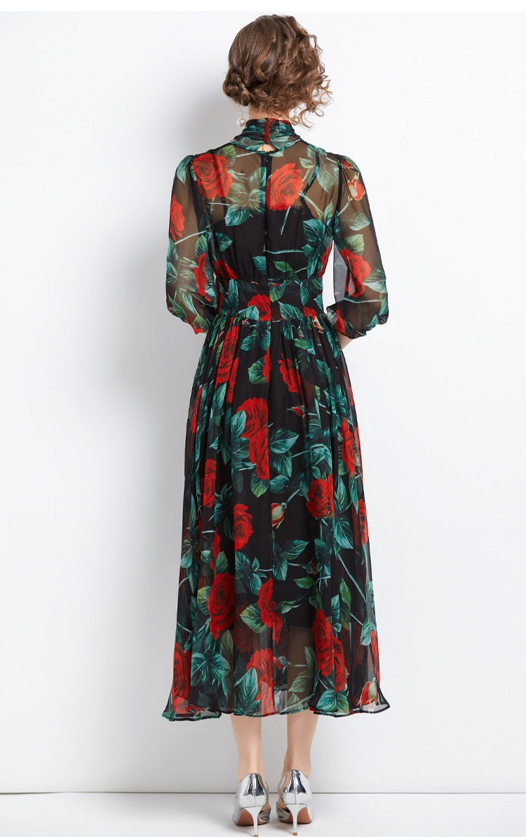 Spring Summer Holiday Rose Flower Dress Women Bow Collar Zipper Chiffon Floral Print Long Pleated Vacation Beach Vestidos