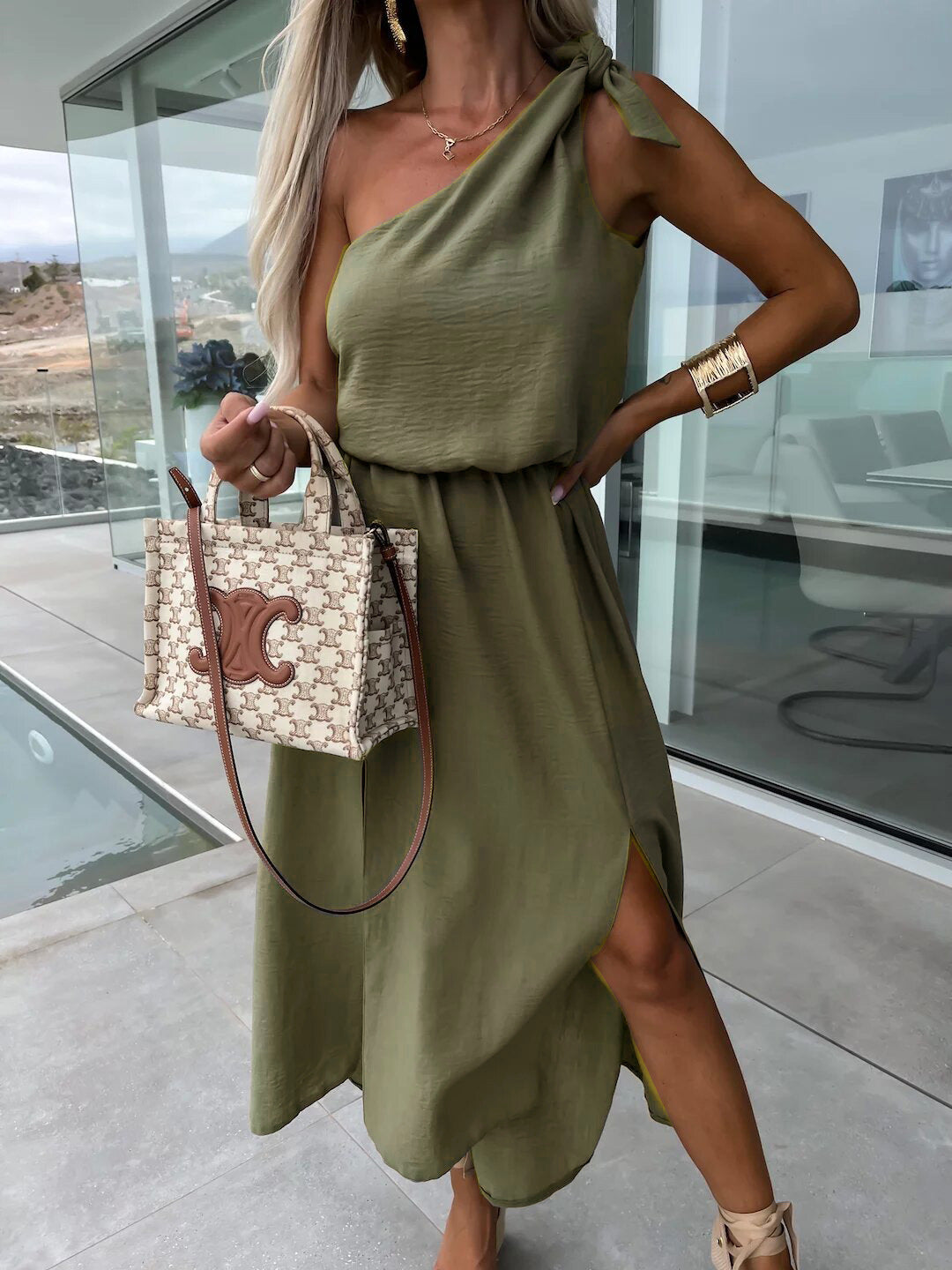 Dew Shoulder White Ankle Length Dress