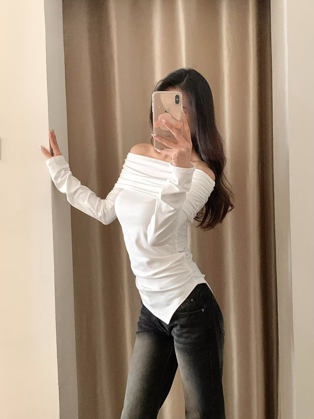 Terracotta Off Shoulder Long Sleeve Shirt