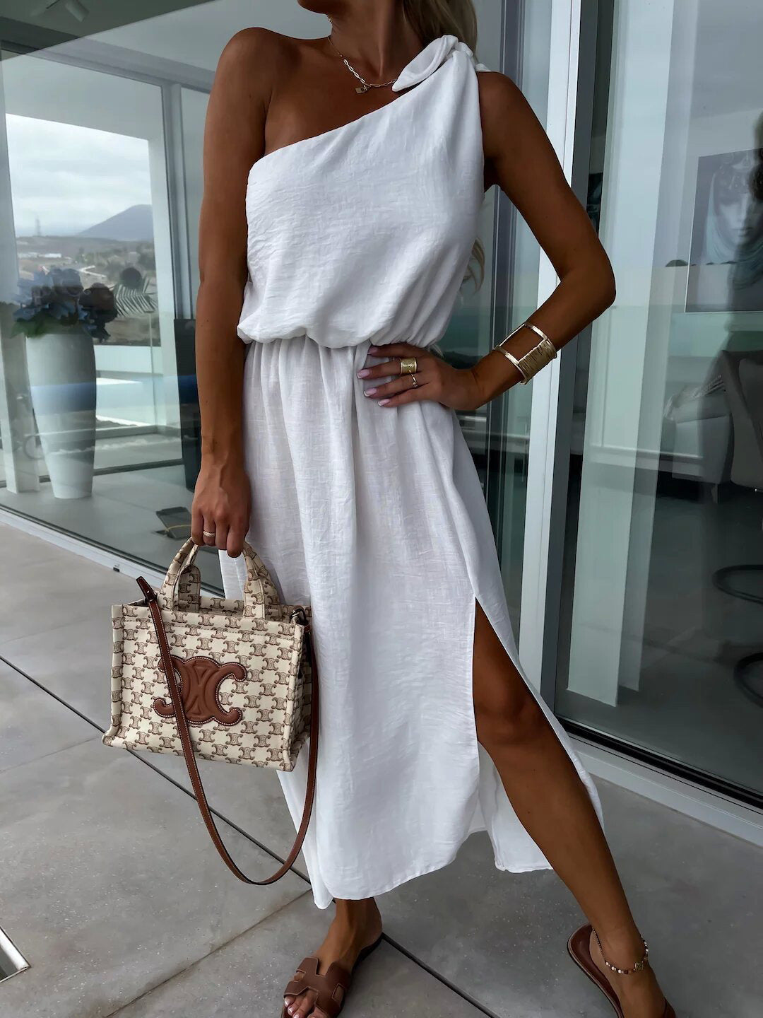 Dew Shoulder White Ankle Length Dress