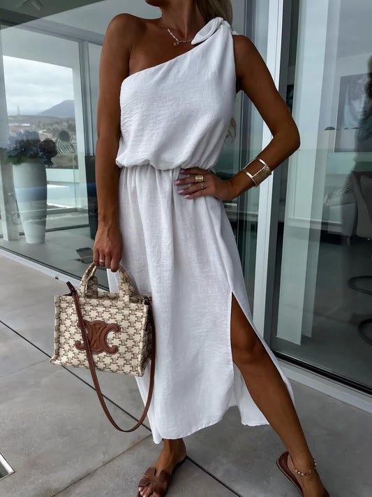 Dew Shoulder White Ankle Length Dress