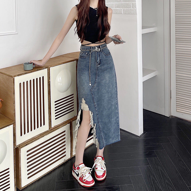 Cross Over Slit Distressed Denim Maxi Skirt