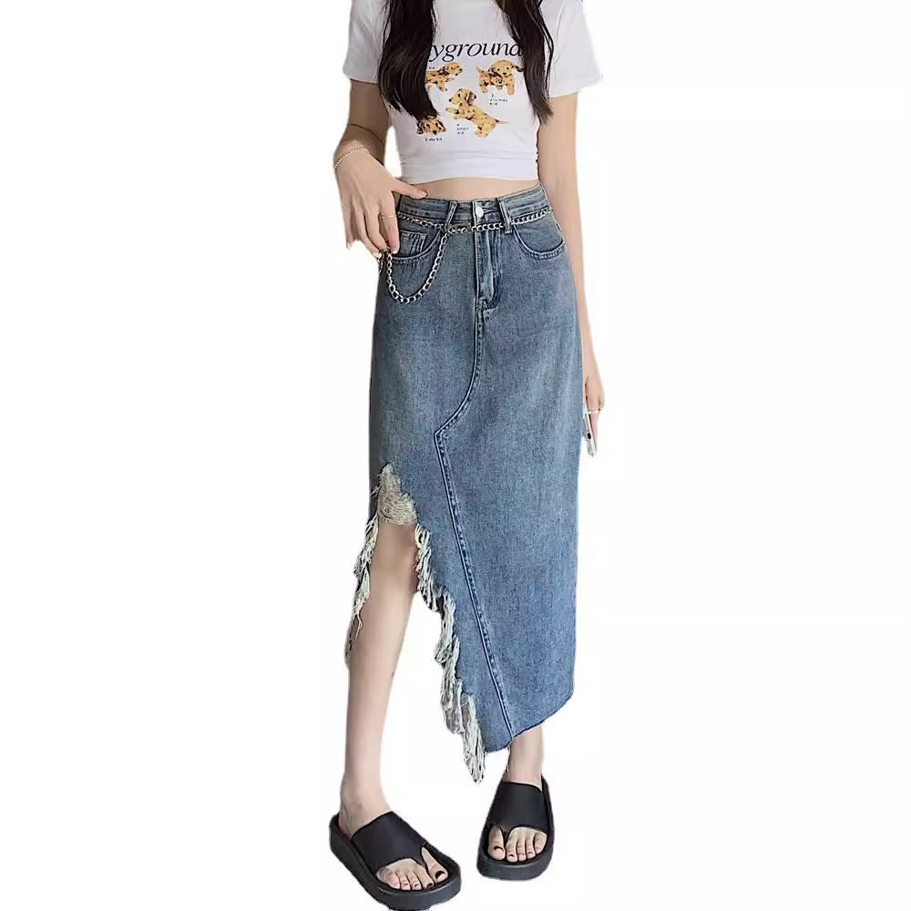 Cross Over Slit Distressed Denim Maxi Skirt