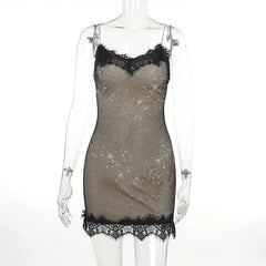 Radiant Elegance: Lace Rhinestone Strip Patchwork Dress