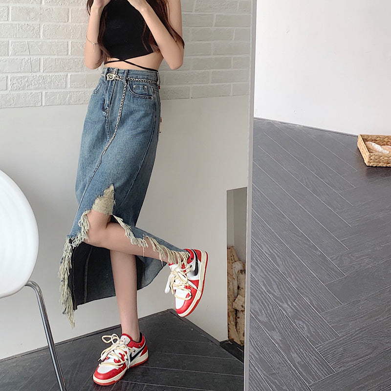 Cross Over Slit Distressed Denim Maxi Skirt