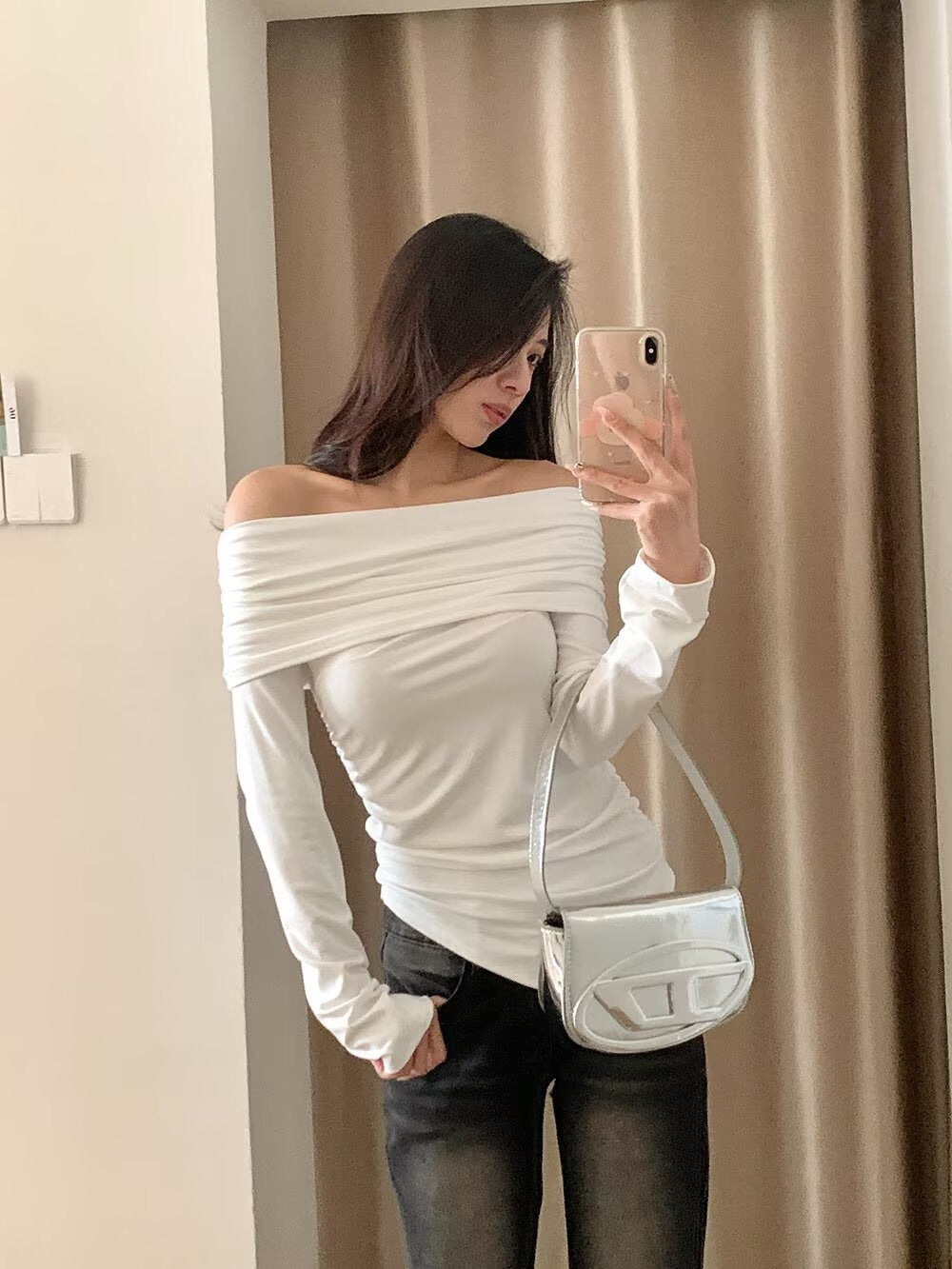 Terracotta Off Shoulder Long Sleeve Shirt
