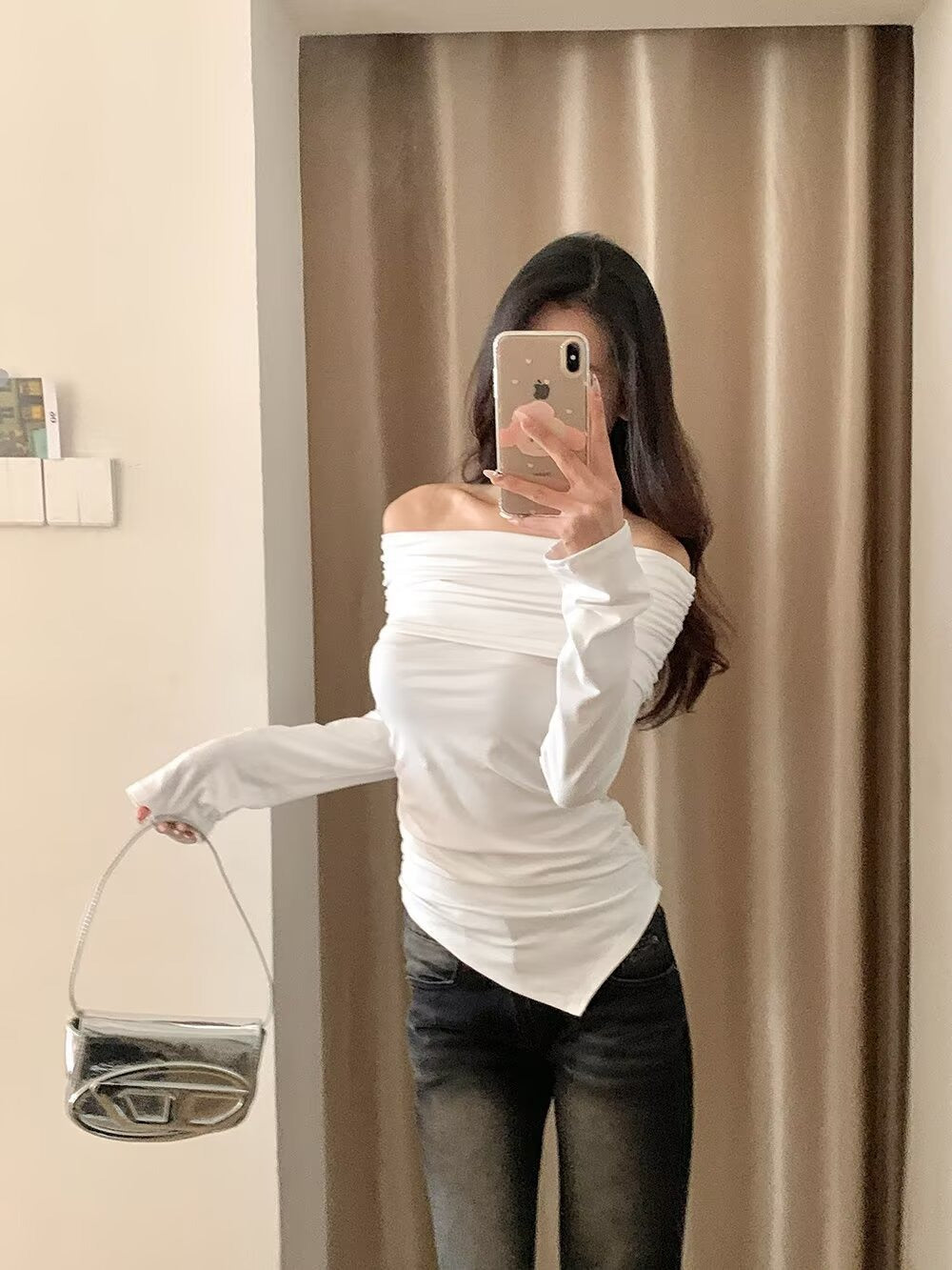 Terracotta Off Shoulder Long Sleeve Shirt