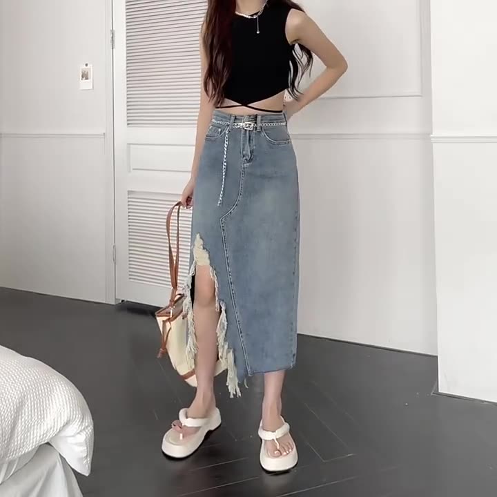 Cross Over Slit Distressed Denim Maxi Skirt