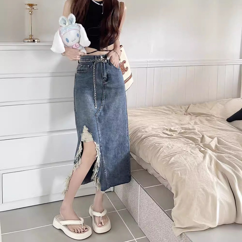 Cross Over Slit Distressed Denim Maxi Skirt