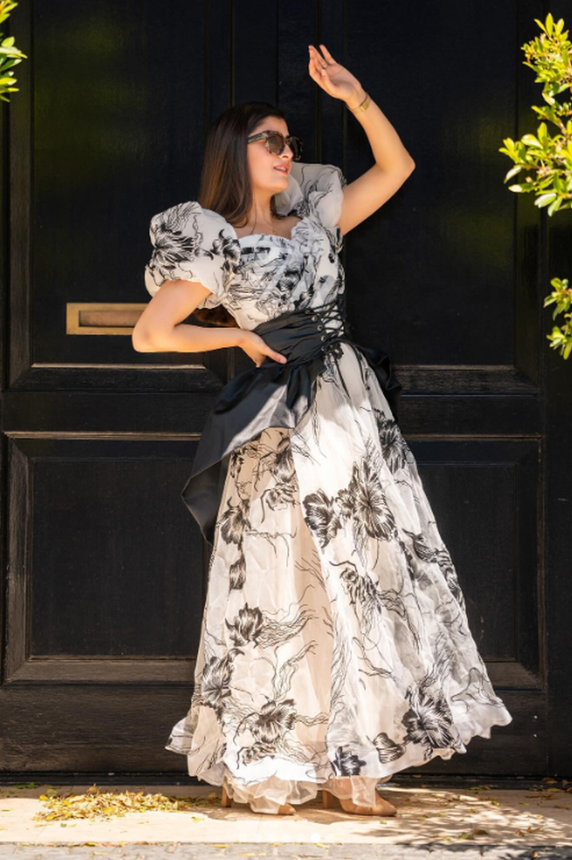Puff Sleeve Organza Belted Maxi Dress