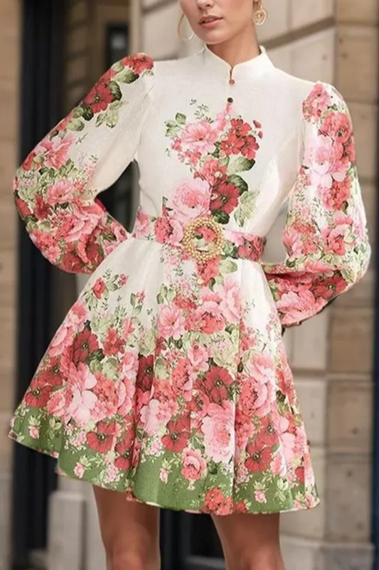Renata Floral Print Puff Sleeve Midi Dress