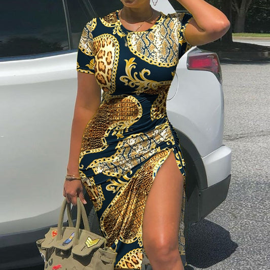 Print Short Sleeve Drawstring Ruched Party Dress