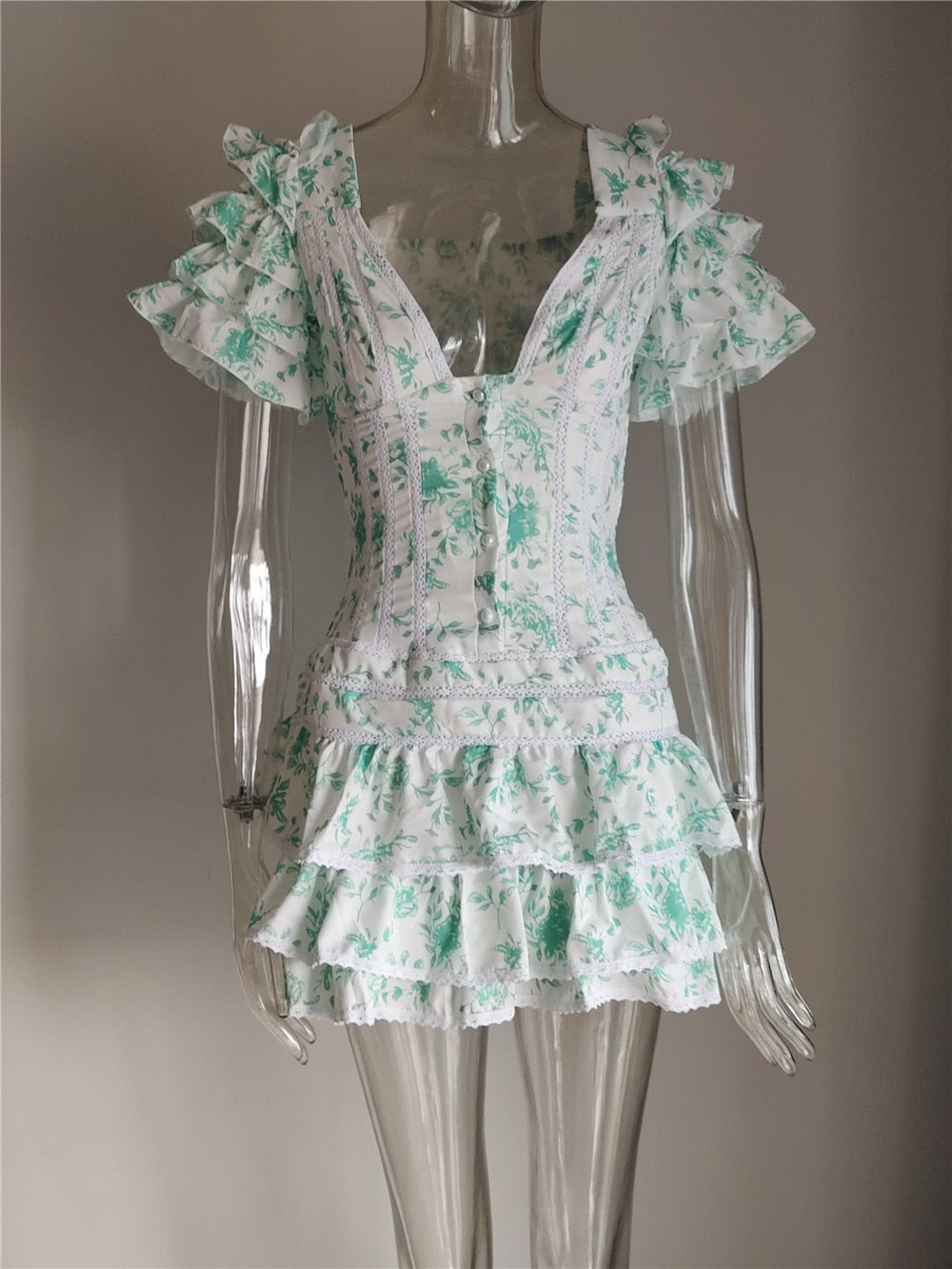 Summer and Autumn Short Sleeve Ruffle Pink V-neck Sexy Mini Dress