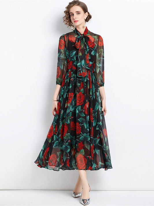 Spring Summer Holiday Rose Flower Dress Women Bow Collar Zipper Chiffon Floral Print Long Pleated Vacation Beach Vestidos