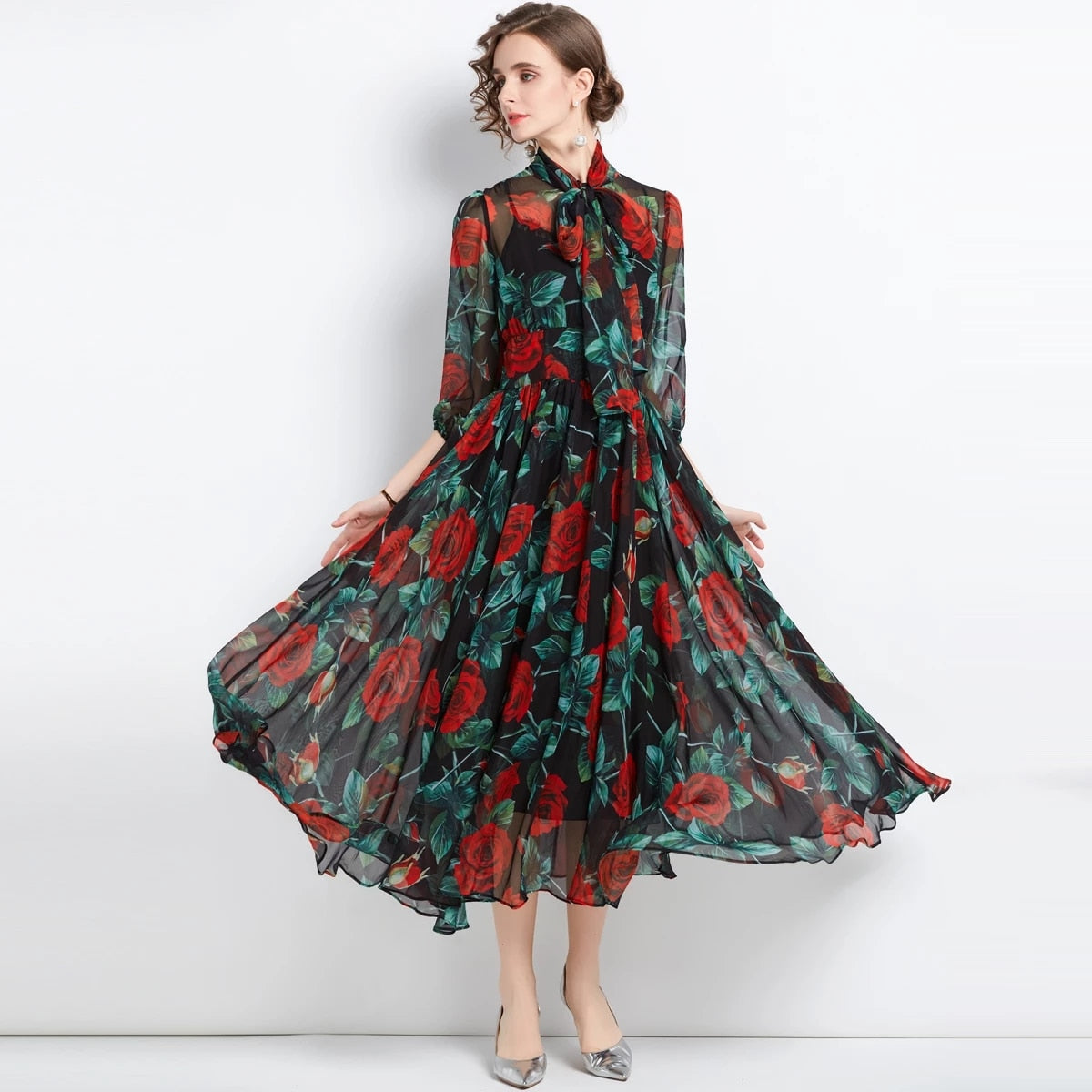 Spring Summer Holiday Rose Flower Dress Women Bow Collar Zipper Chiffon Floral Print Long Pleated Vacation Beach Vestidos