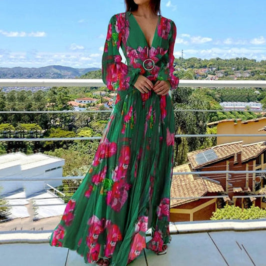 Spring Vintage Floral Print Pleated Maxi Dress