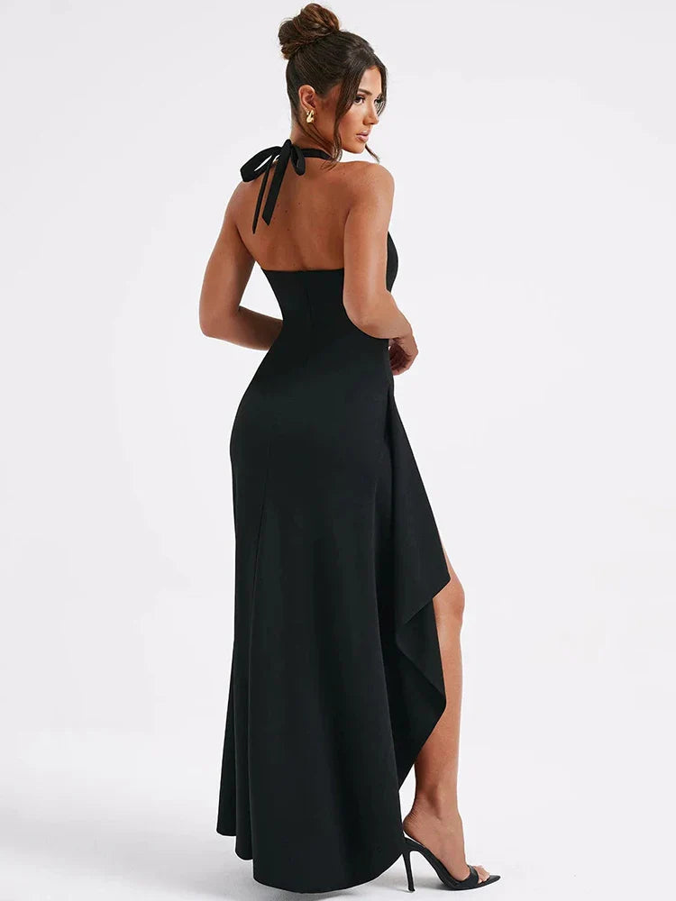 Deep V-neck thigh-high slit maxi dress